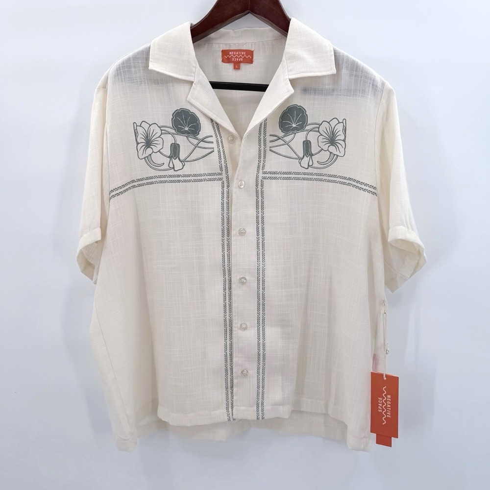 Negative Space Men's Camp Shirt Button Down Large Boho Floral Vacation Neutral